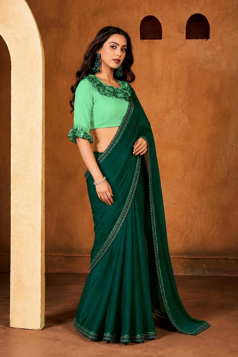 Teal Green Georgette Solid Printed Saree sedora couture