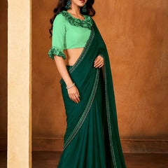 Teal Green Georgette Solid Printed Saree sedora couture