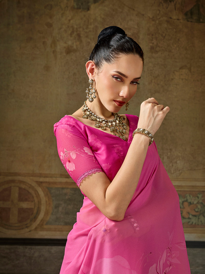 Pink Georgette Floral Printed Saree sedora couture