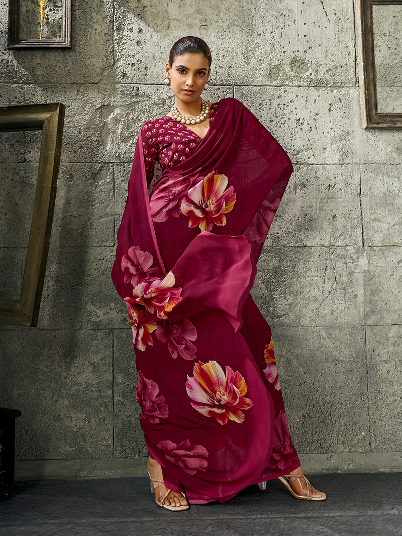 Wine Pure Weightless Floral Printed Saree sedora couture