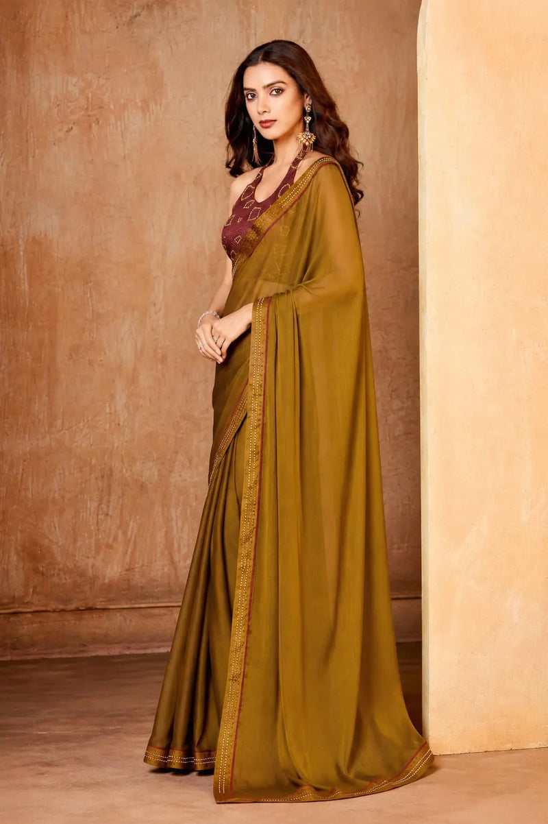 Golden Georgette Solid Printed Saree sedora couture