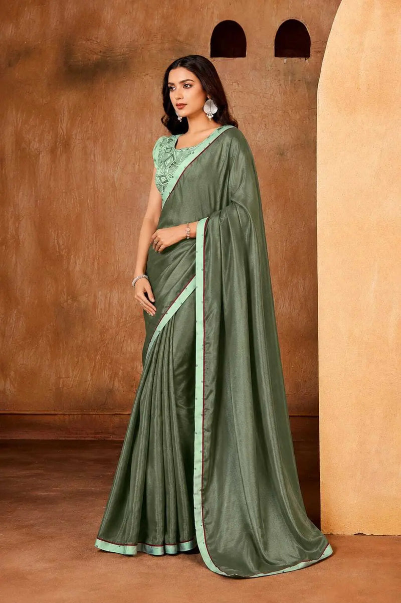 Green Georgette Solid Printed Saree sedora couture
