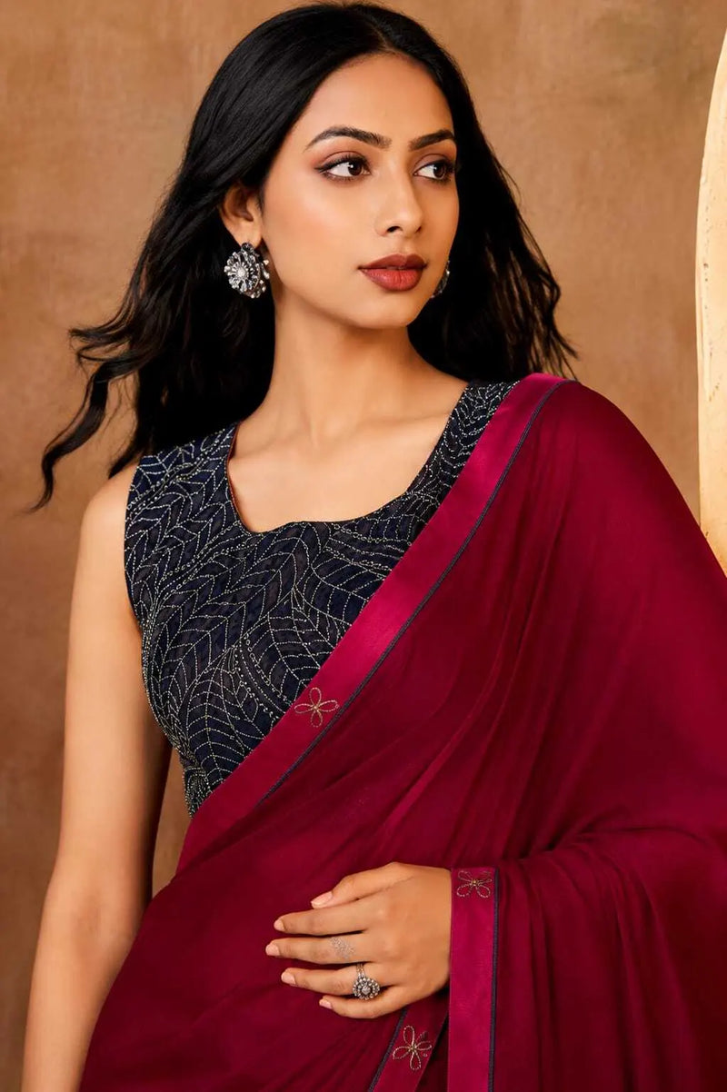 Red Georgette Solid Printed Saree sedora couture