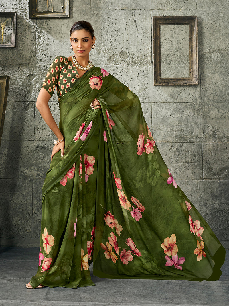 Green Pure Weightless Floral Printed Saree sedoracouture