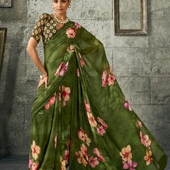 Green Pure Weightless Floral Printed Saree sedoracouture