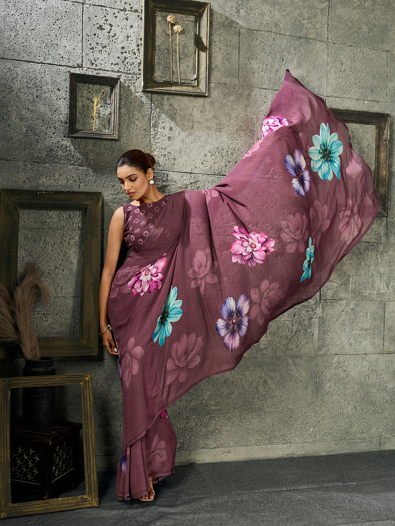 Dusty Purple Georgette Floral Saree sedora couture