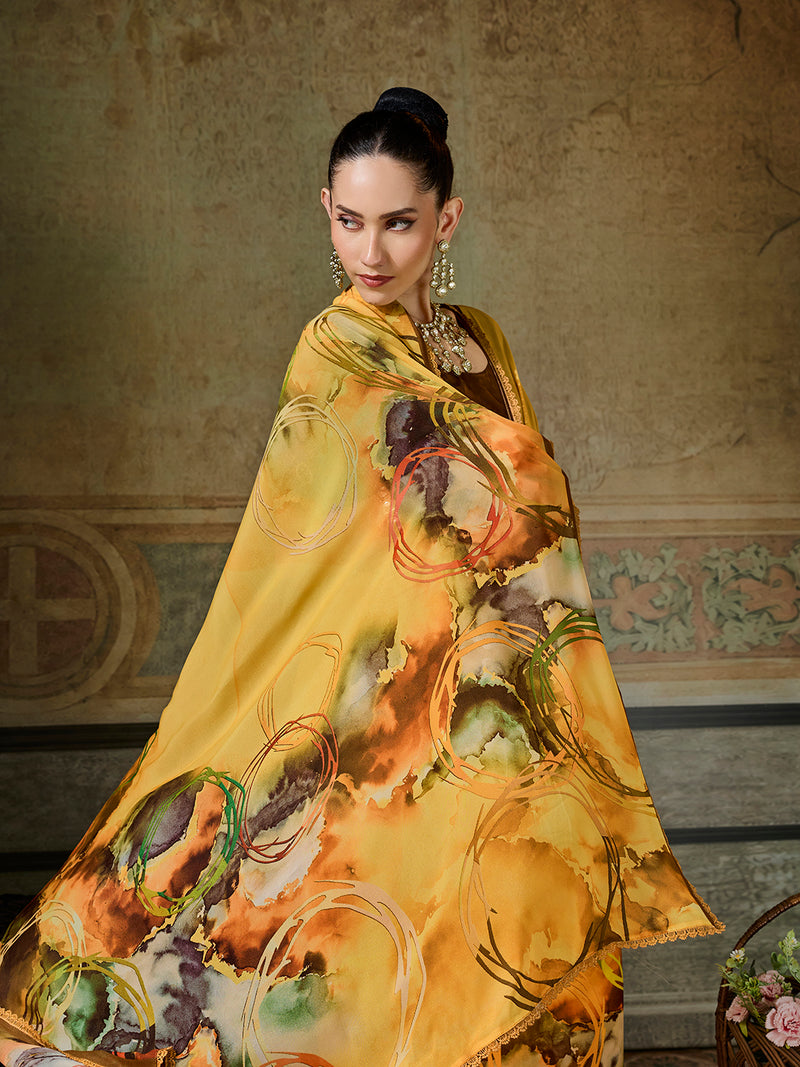 Mustard Georgette Floral Printed Saree sedora couture