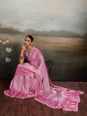Pink Satin Plain Dyed Saree