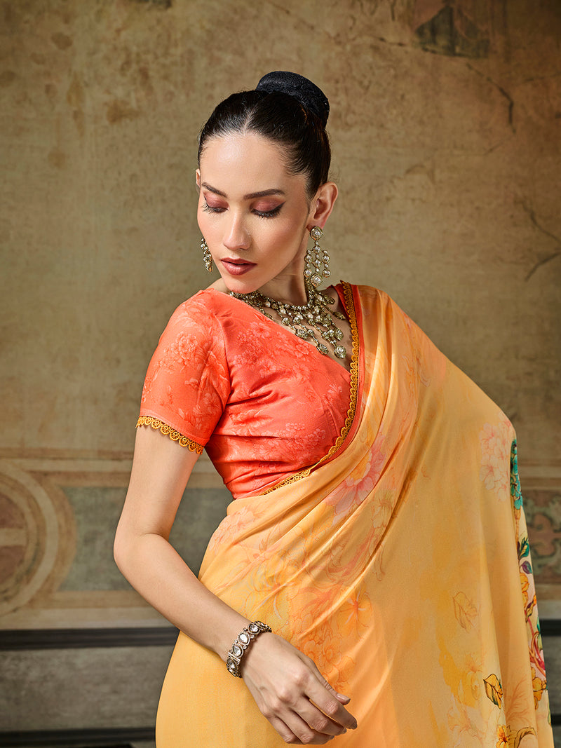 Yellow Georgette Floral Printed Saree sedoracouture