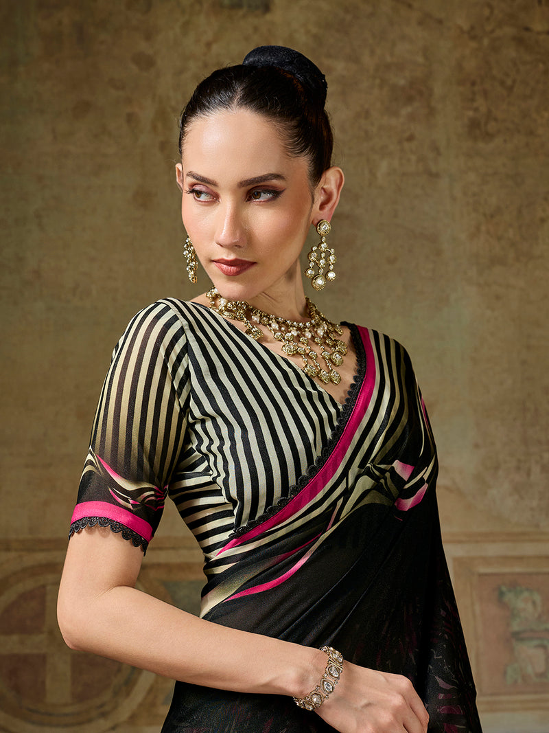 Black Georgette Floral Printed Saree sedoracouture