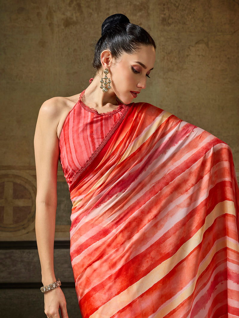 Orange Georgette Abstract Printed Saree sedoracouture