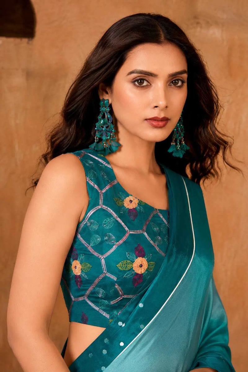 Blue Georgette Solid Printed Saree sedora couture