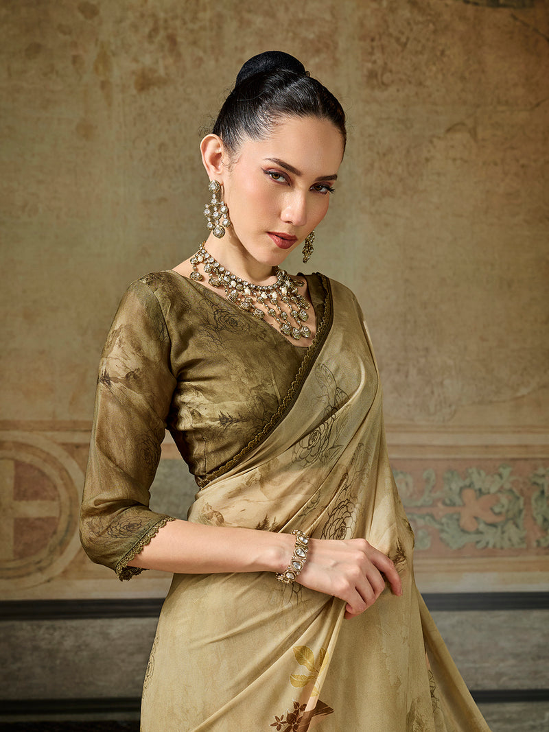 Olive Georgette Floral Printed Saree sedora couture