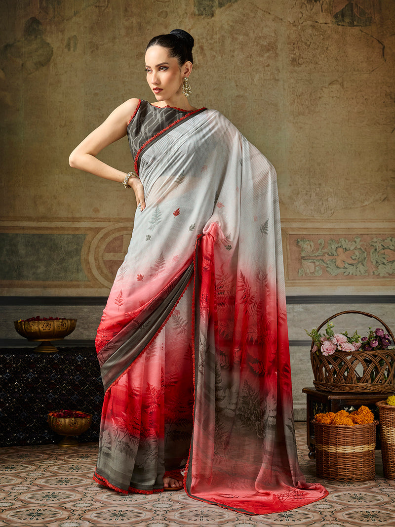 White Georgette Floral Printed Saree sedora couture