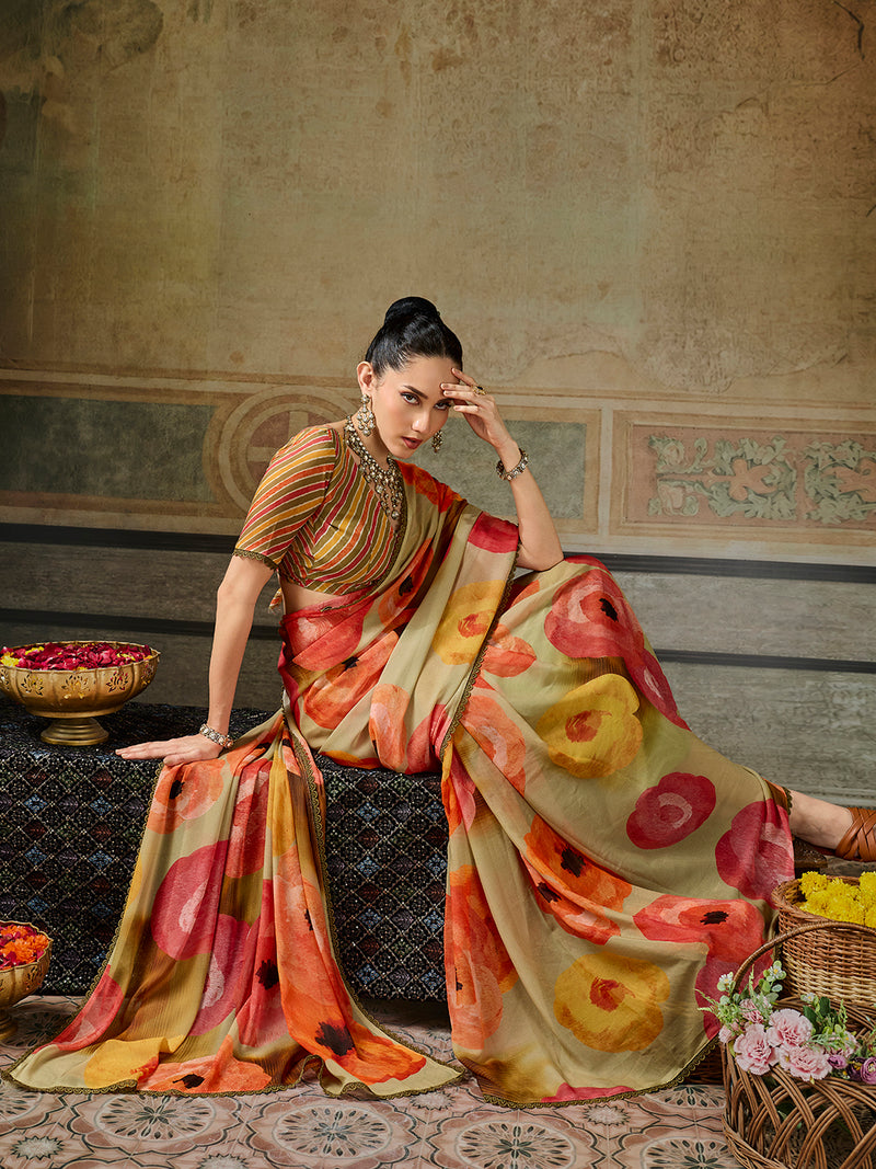 Yellow Georgette Floral Printed Saree sedora couture