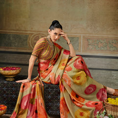 Yellow Georgette Floral Printed Saree sedora couture