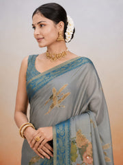 Blue Kanjivaram Floral Printed Saree sedora couture