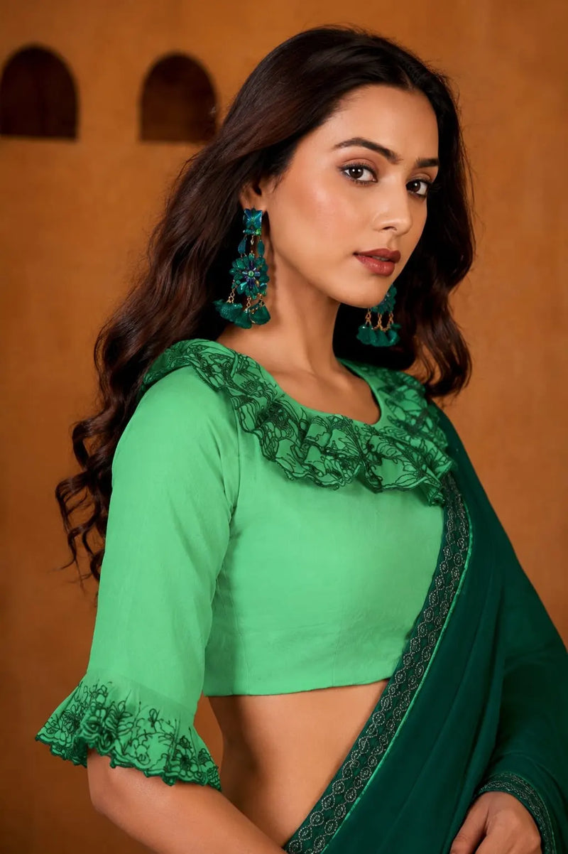 Teal Green Georgette Solid Printed Saree sedora couture