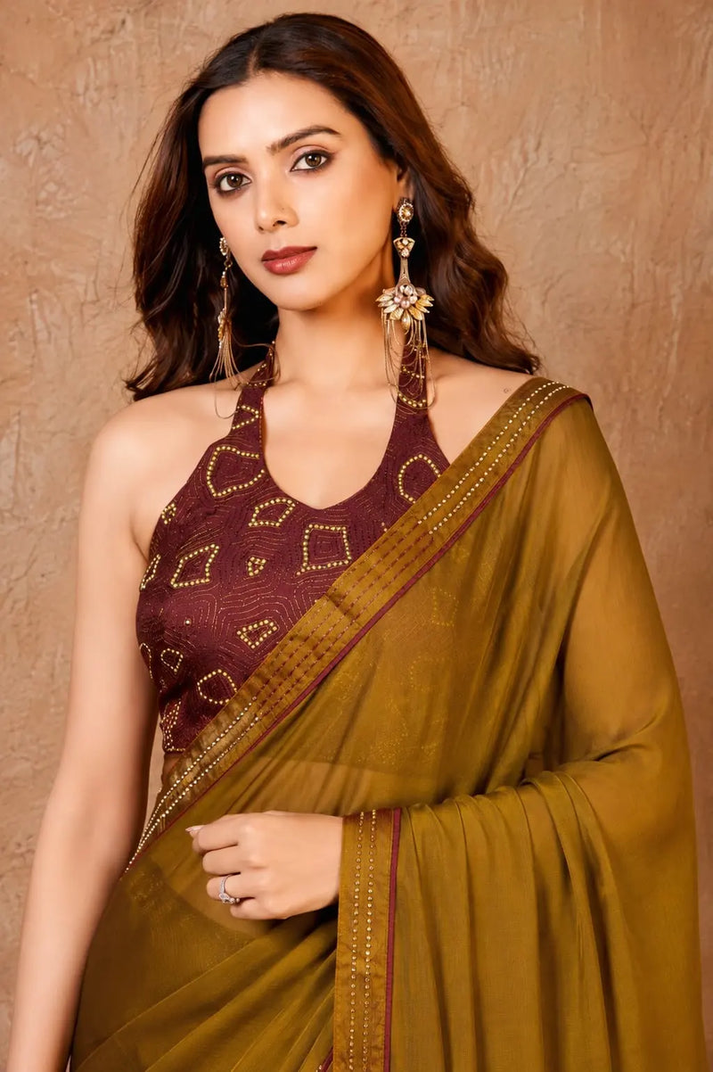 Golden Georgette Solid Printed Saree sedora couture