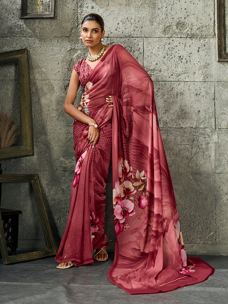 Maroon Pure Weightless Floral Printed Saree sedora couture
