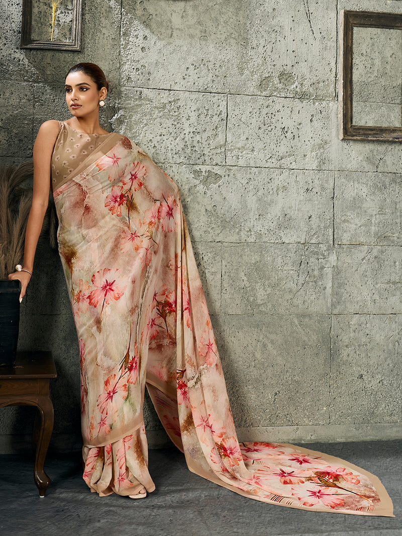 Beige Pure Weightless Floral Printed SareeA sedora couture