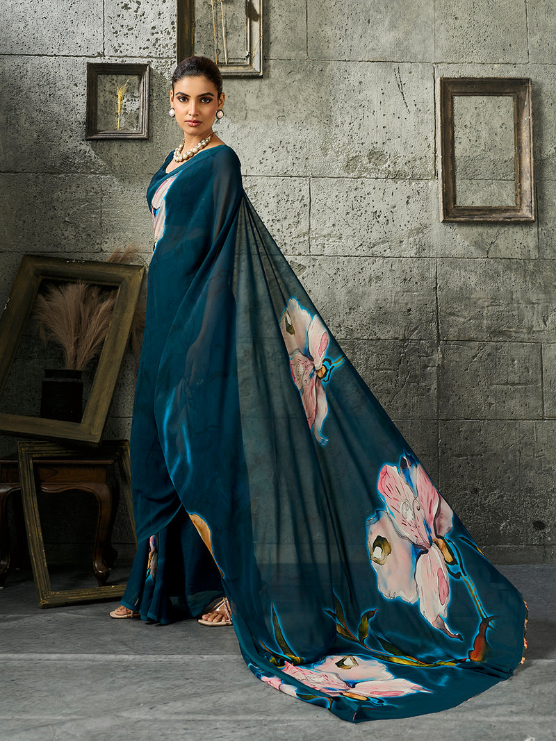 Blue Pure Weightless Floral Printed Saree sedoracouture