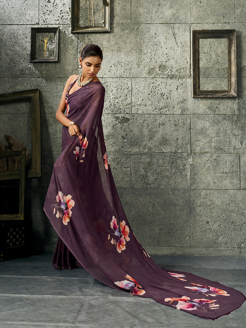 Dark Purple Pure Weightless Floral Printed Saree sedoracouture