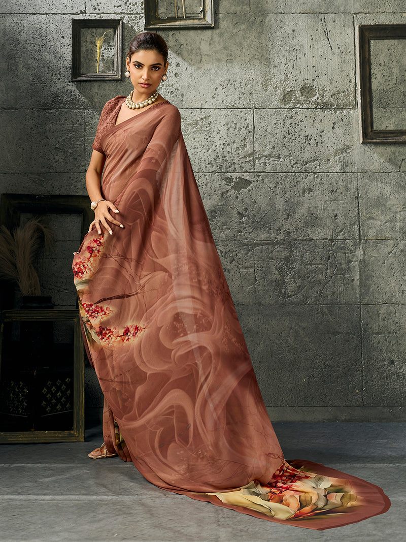 Brown Pure Weightless Floral Printed Saree sedora couture