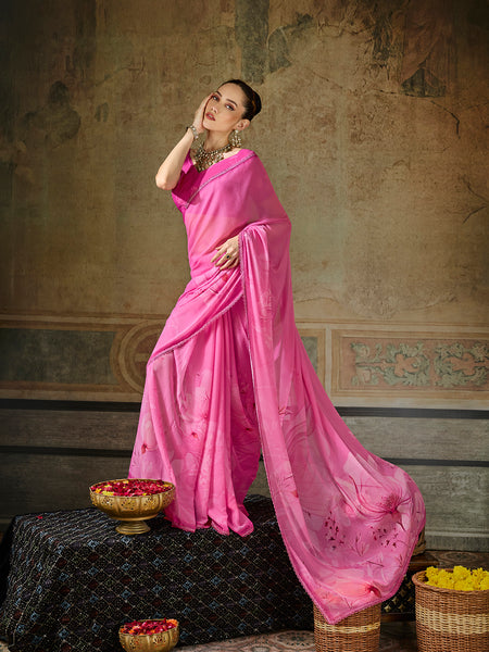 Pink Georgette Floral Printed Saree sedora couture