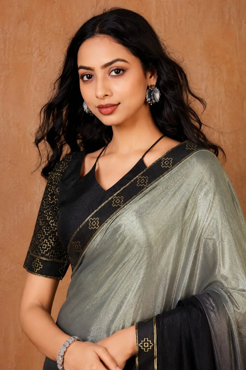 Black and Grey Georgette Solid Printed Saree sedora couture