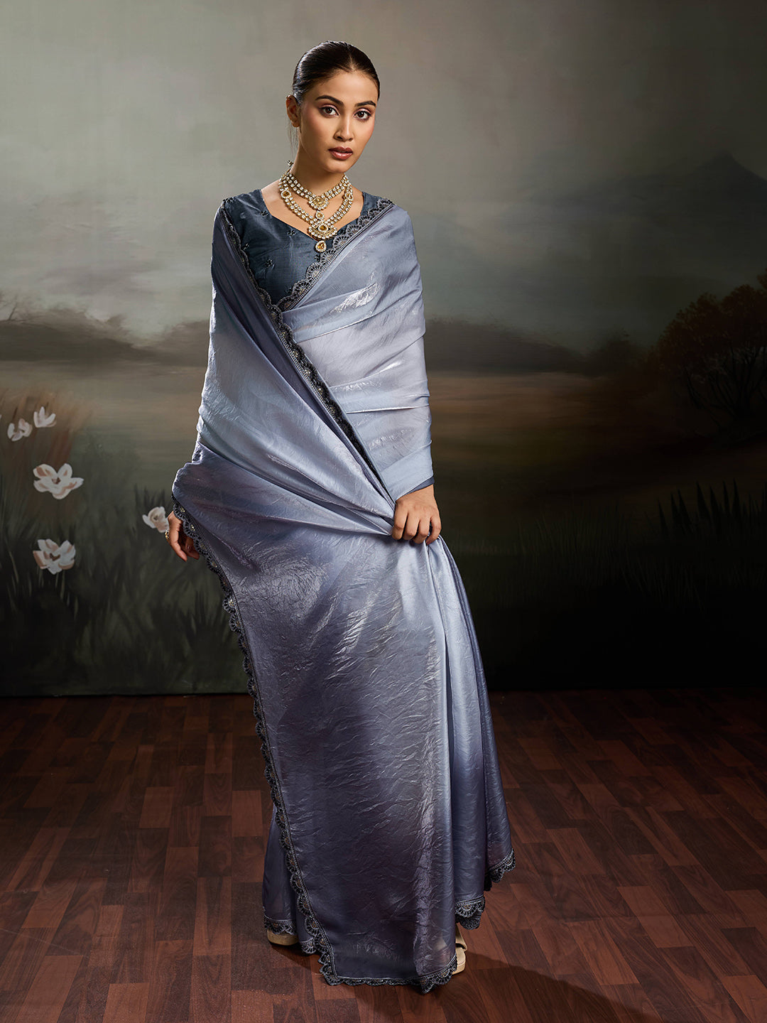 Grey Satin Plain Dyed Saree sedora couture