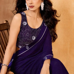 Purple Georgette Solid Printed Saree sedora couture