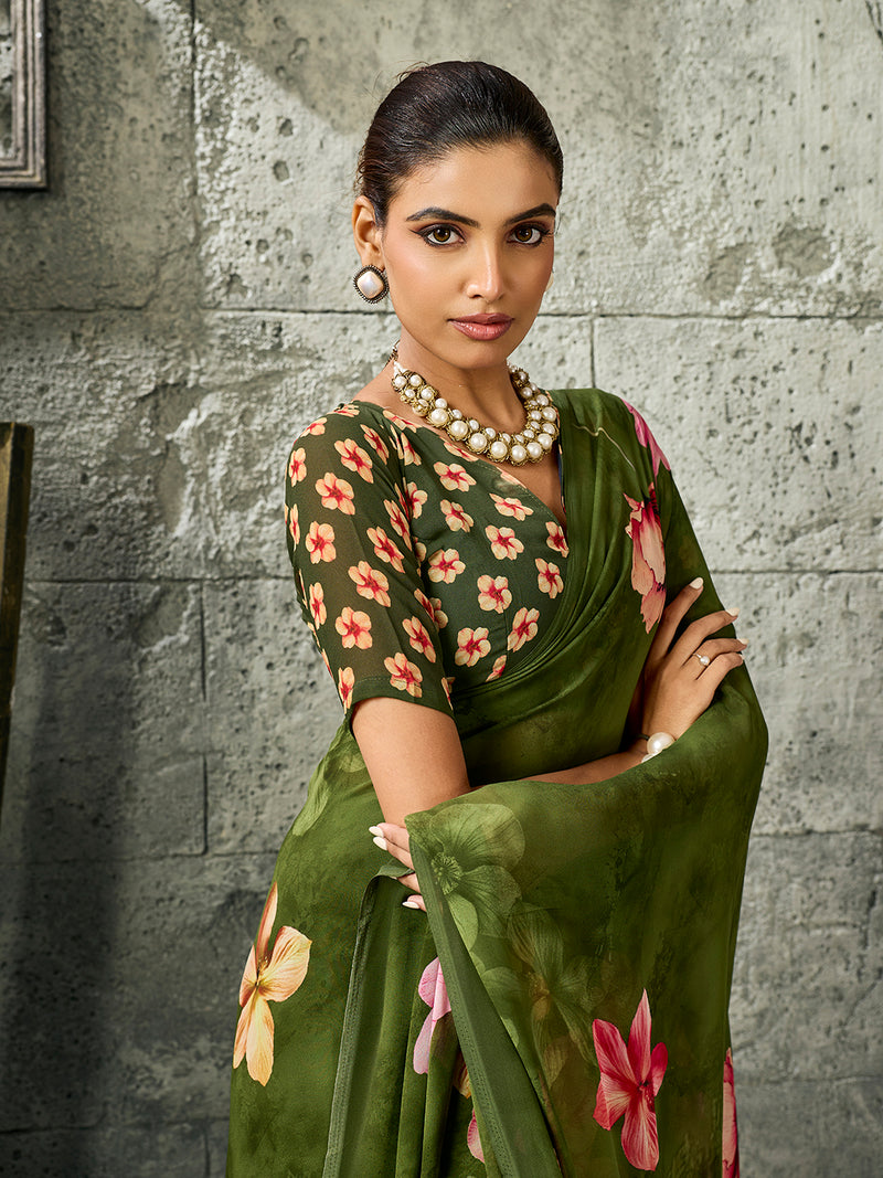 Green Pure Weightless Floral Printed Saree sedoracouture