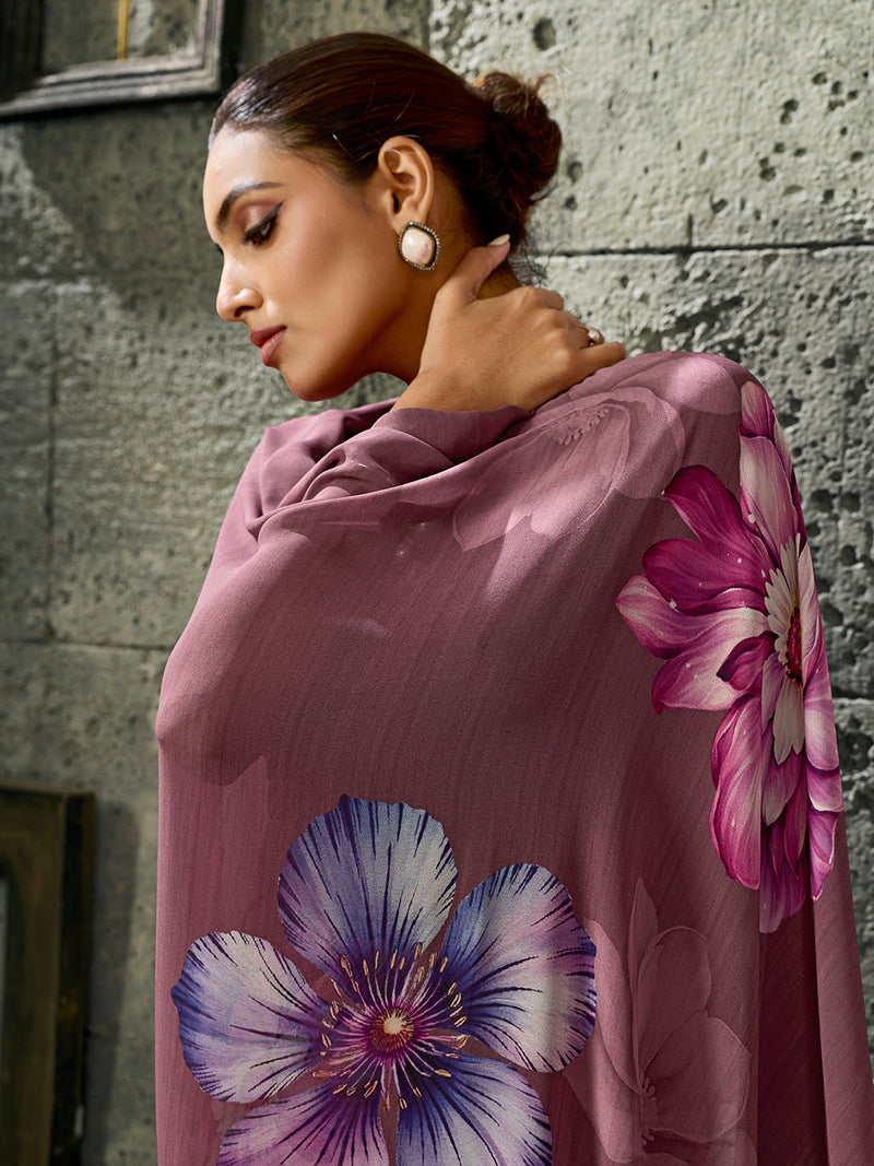 Dusty Purple Georgette Floral Saree sedora couture
