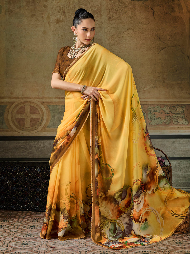 Mustard Georgette Floral Printed Saree sedora couture