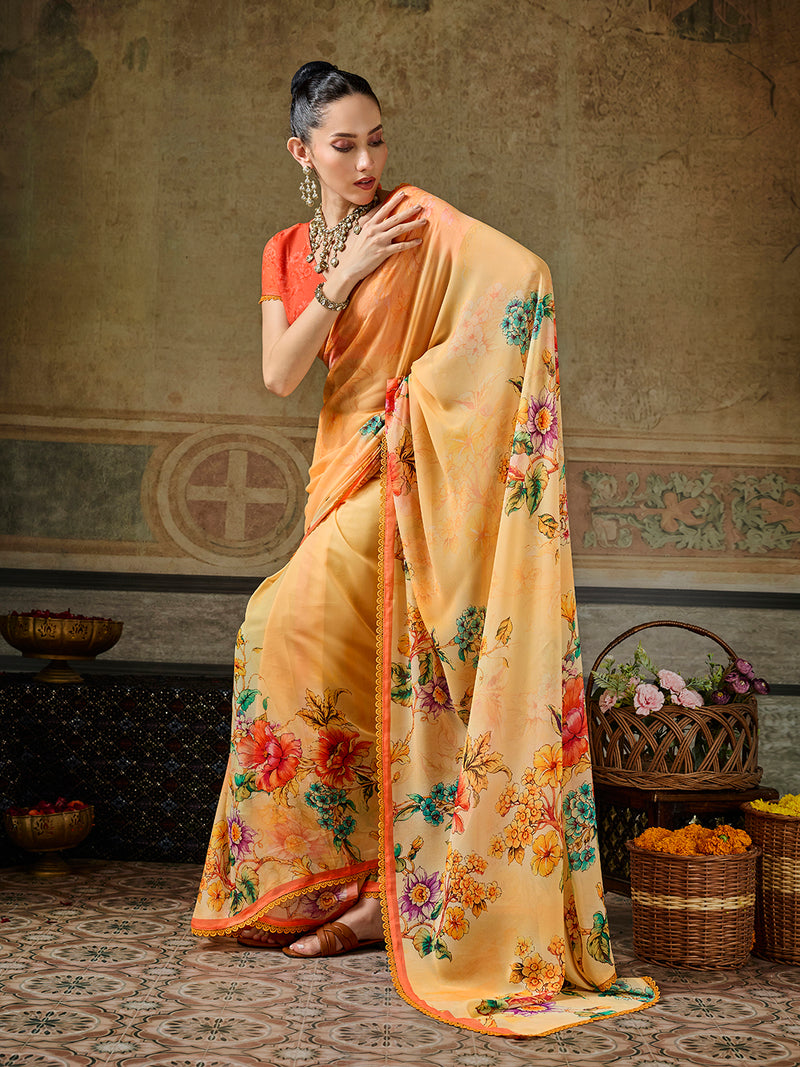 Yellow Georgette Floral Printed Saree sedoracouture