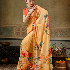 Yellow Georgette Floral Printed Saree sedoracouture