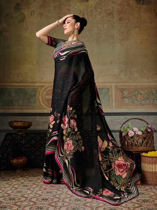 Black Georgette Floral Printed Saree sedoracouture