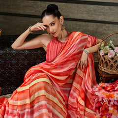Orange Georgette Abstract Printed Saree sedoracouture