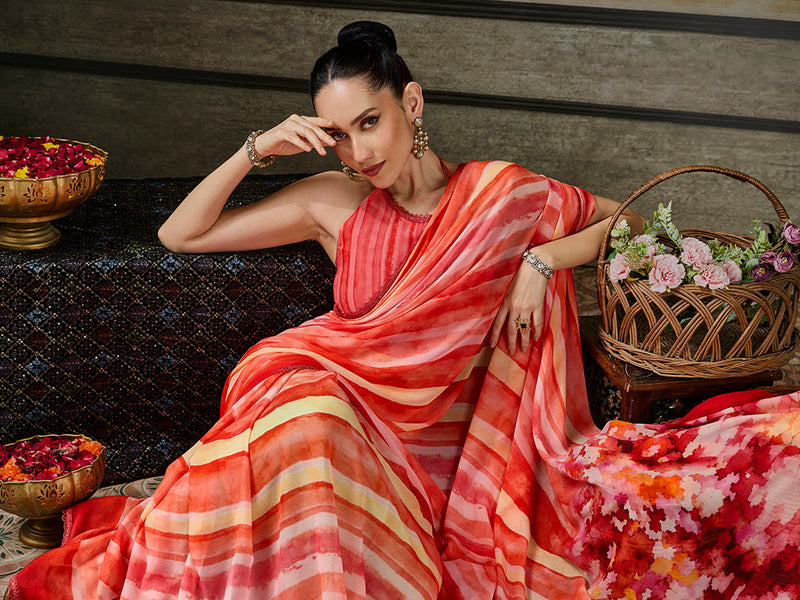 Orange Georgette Abstract Printed Saree sedoracouture