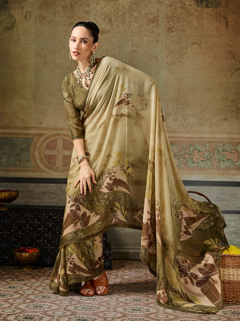 Olive Georgette Floral Printed Saree sedora couture