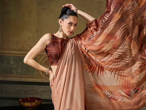 Peach Georgette Floral Printed Saree sedora couture