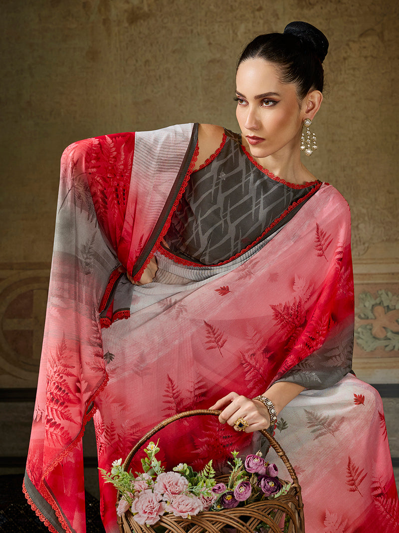 White Georgette Floral Printed Saree sedora couture