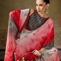 White Georgette Floral Printed Saree sedora couture