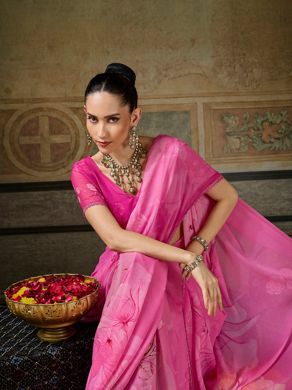Pink Georgette Floral Printed Saree sedora couture