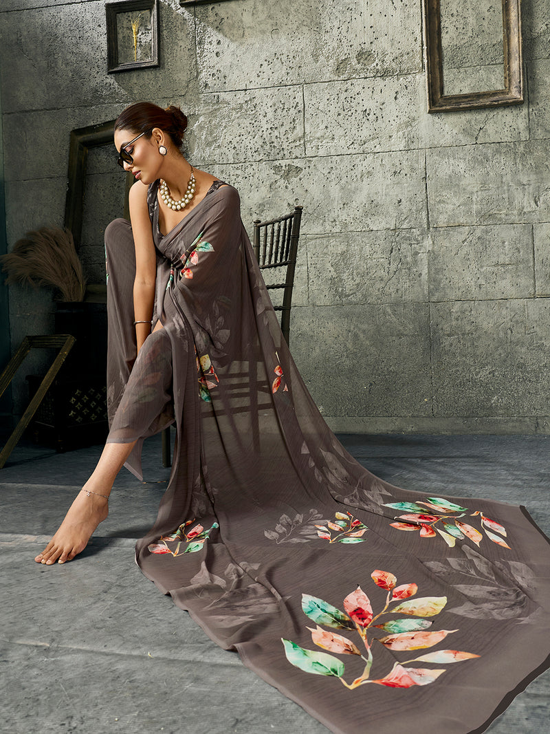 Grey Pure Weightless Floral Printed Saree sedora couture