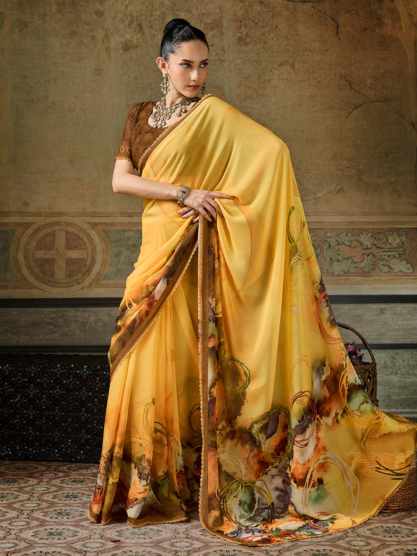 Yellow Georgette Floral Printed Saree sedora couture