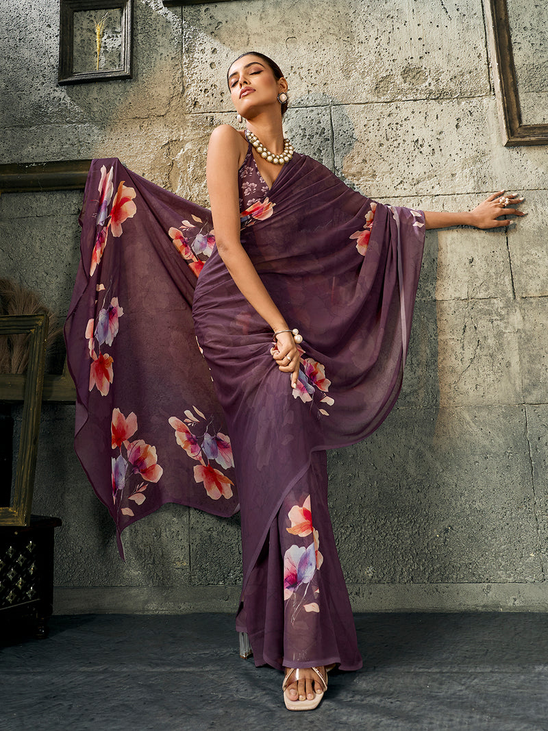 Dark Purple Pure Weightless Floral Printed Saree sedoracouture