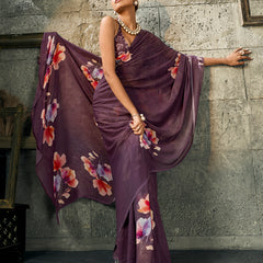 Dark Purple Pure Weightless Floral Printed Saree sedoracouture