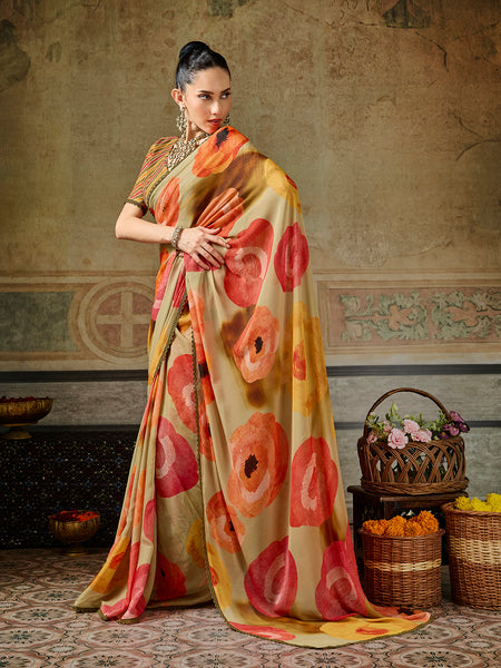 Yellow Georgette Floral Printed Saree sedora couture